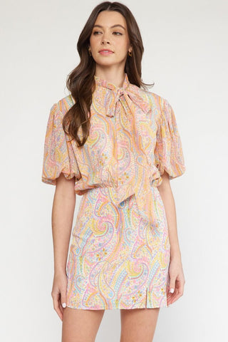 Paisley Print Mock Neck Mini Dress (Orange Combo)