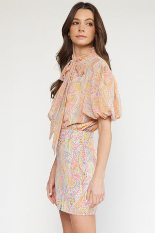 Paisley Print Mock Neck Mini Dress (Orange Combo)
