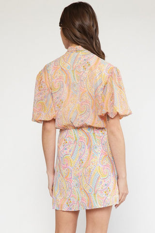 Paisley Print Mock Neck Mini Dress (Orange Combo)