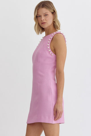 Pearl-fecion Round Neck Mini Dress (Pink)