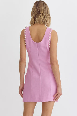 Pearl-fecion Round Neck Mini Dress (Pink)