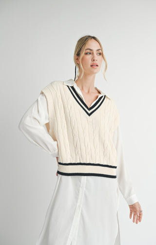 TARA V-NECK CABLE SWEATER (Ivory)
