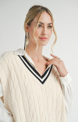 TARA V-NECK CABLE SWEATER (Ivory)
