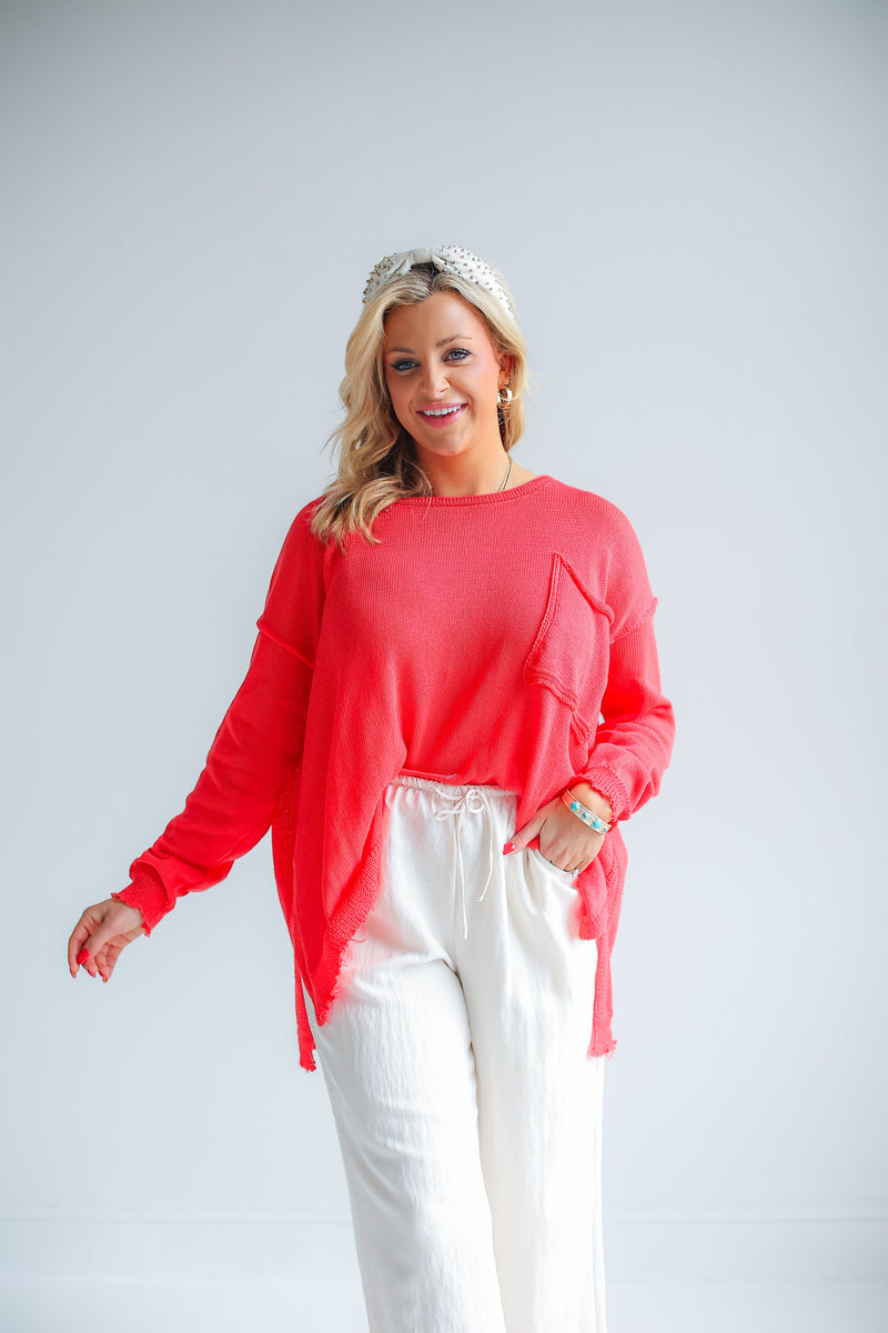 LONG SLEEVE KNIT PULLOVER TOP (RUBY RED)