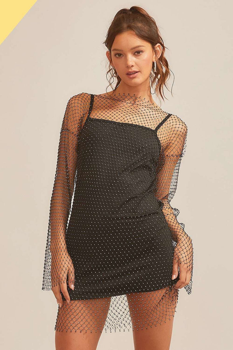 Fishnet With Rhinestone Sexy Mini Dress (Black)