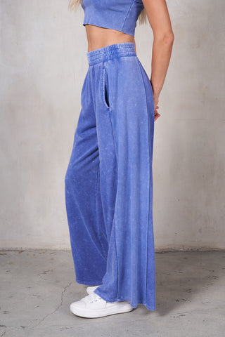 Mineral Wash Halter Neck Crop Top And Pants Sets (VINTAGE BLUE)