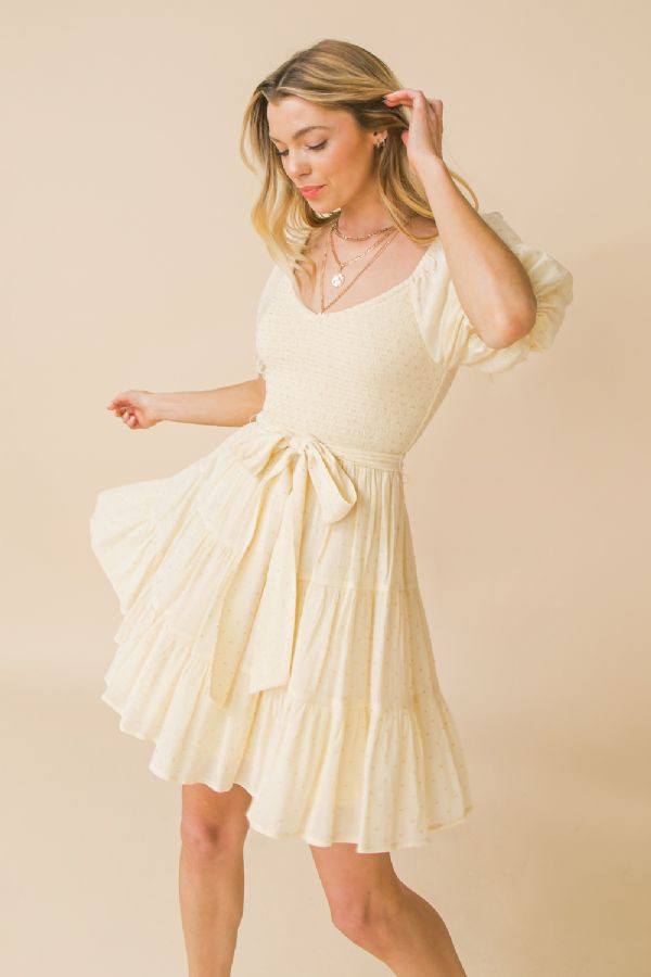 Smocked Bodice Mini Dress (Ivory)