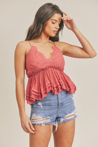 EYELET PEPLUM SWING CAMI TEABERRY TANK