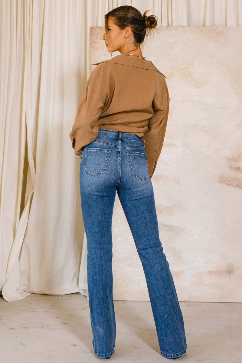 HIGH WAISTED NON-DISTRESSED FLARE JEANS (Medium Stone)