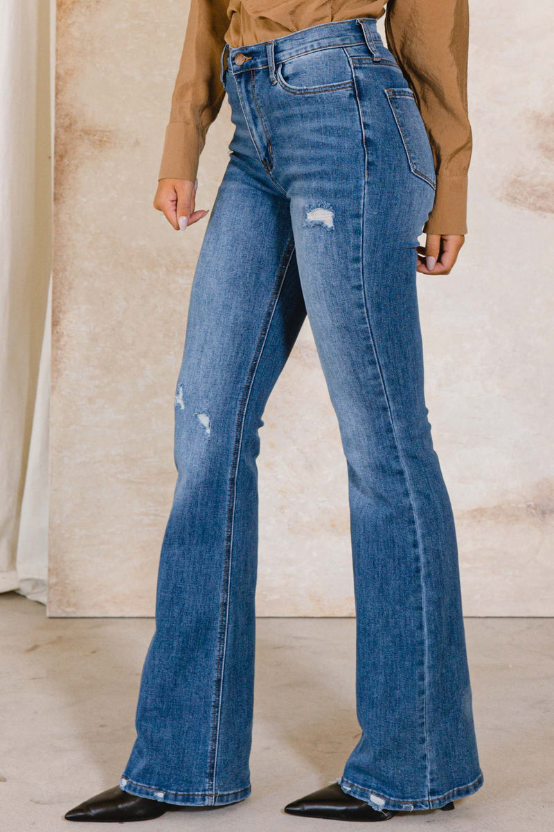 HIGH WAISTED NON-DISTRESSED FLARE JEANS (Medium Stone)