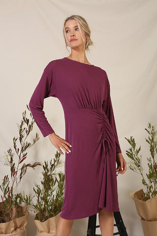 HOLIDAY RUCHED DRESS (PLUM)