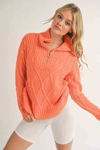 COLLARD ZIPPER PULLOVER KNIT SWEATER TOP (ORANGE)