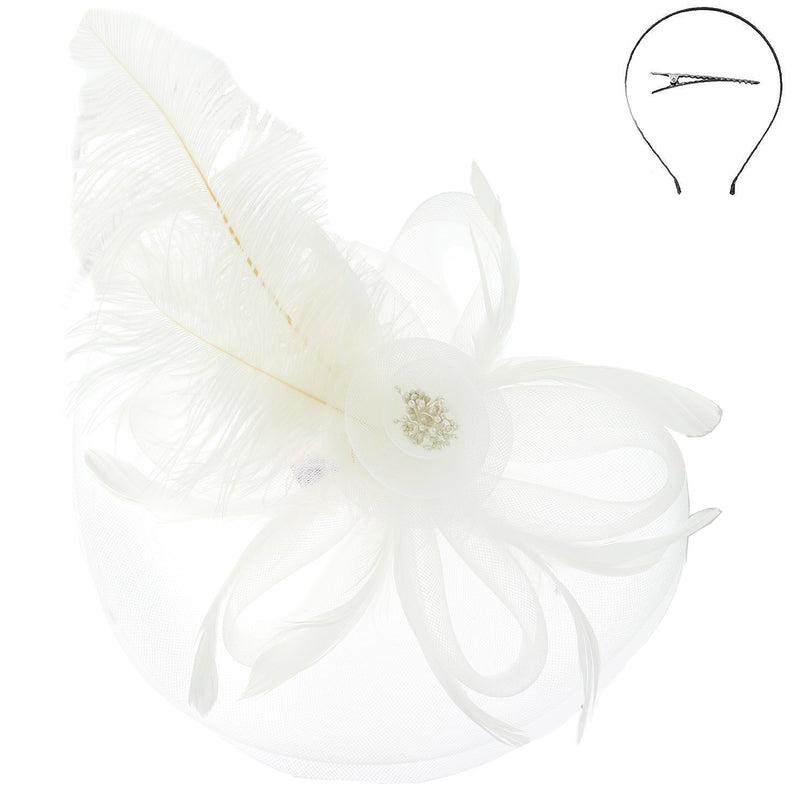 DERBY PEACOCK FEATHER FASCINATOR (WHITE)