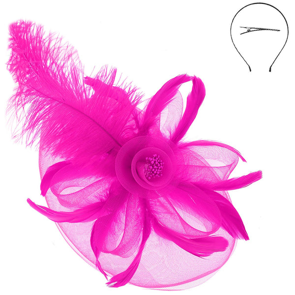 DERBY PEACOCK FEATHER FASCINATOR (HOT PINK)