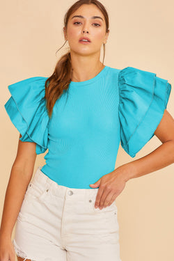 WING RUFFLE SLEEVE CREW NECK KNIT BODYSUIT IN TEAL