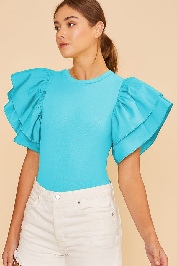 WING RUFFLE SLEEVE CREW NECK KNIT BODYSUIT IN TEAL