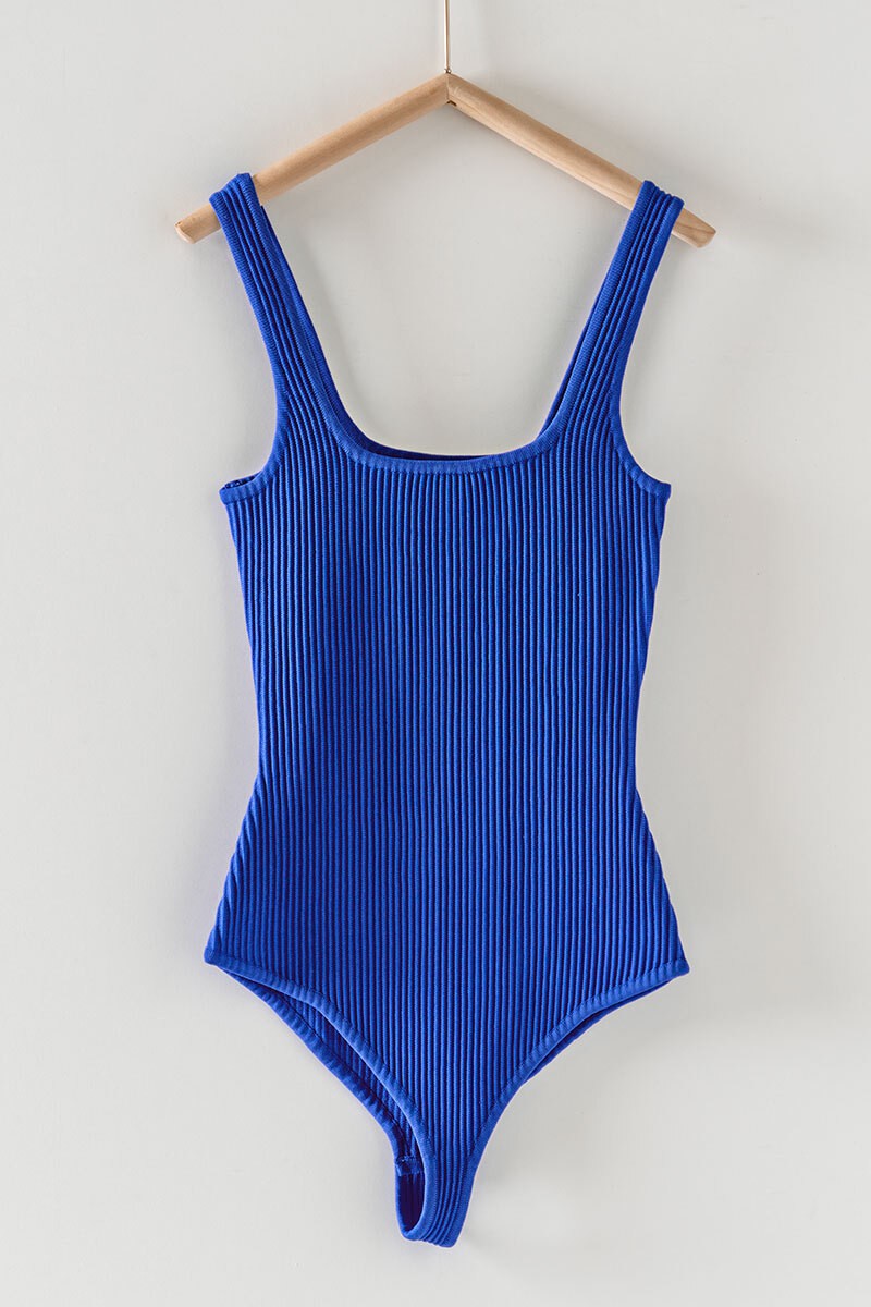 Blue Square Neck Bodysuit - Striped Bodysuit - Ribbed