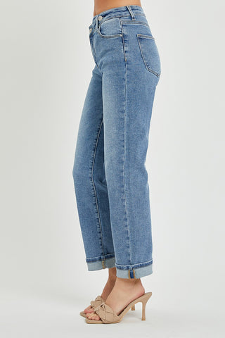 HIGHRISE CROSSOVER STRAIGHT LEG JEANS