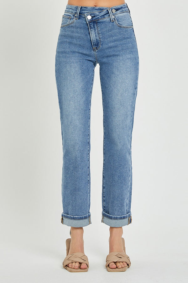 HIGHRISE CROSSOVER STRAIGHT LEG JEANS