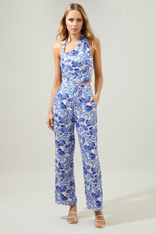 Sky Studio Straight Leg Blue/White Retro Print Pant