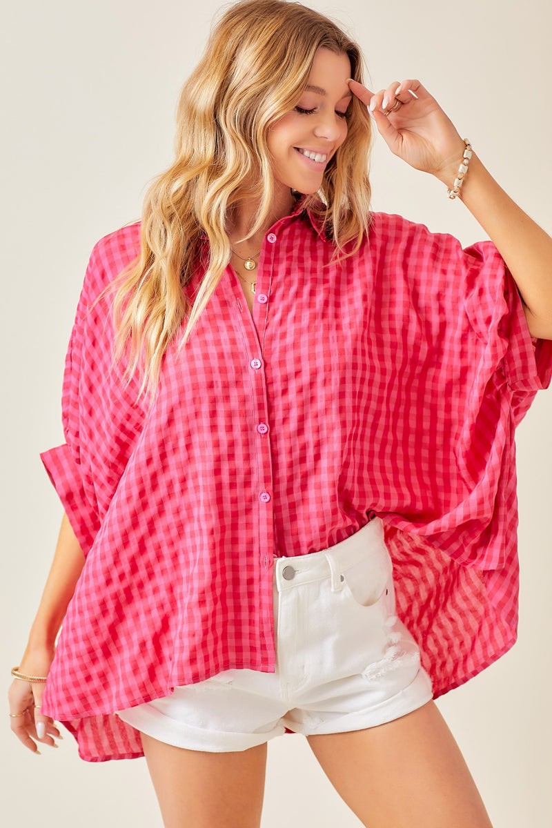FLOWY OVERSIZED CHECK BUTTON DOWN SHIRT