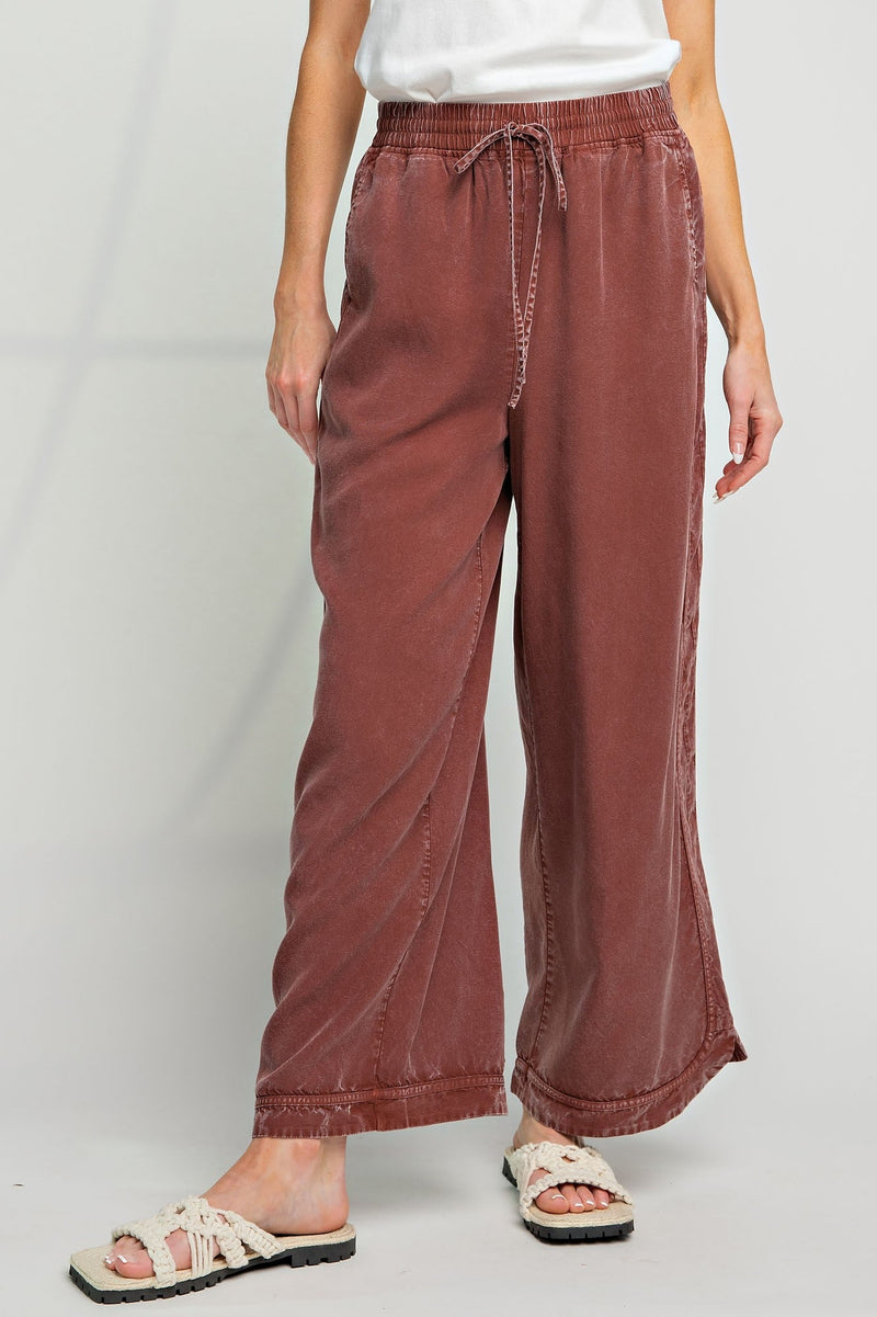 MINERAL WASHED SOFT TWILL WIDE LEG PANTS (EXPRESSO)