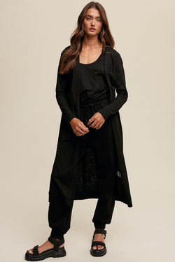 Cotton Jumpsuit and Long Cardigan Knit Sets (BLACK)