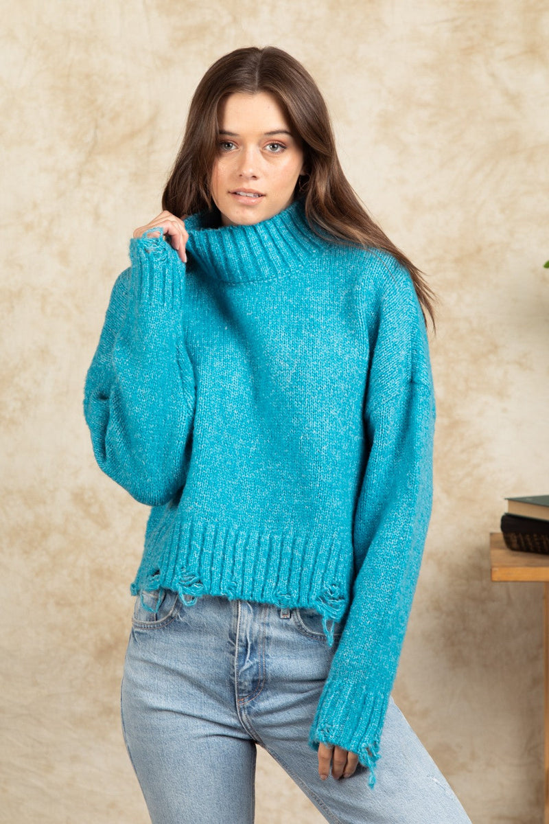 Mock Neck Solid Cozy Sweater Top (Electric Blue)