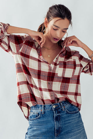 PLAID FLANNEL BUTTON DOWN SHIRT (Red)