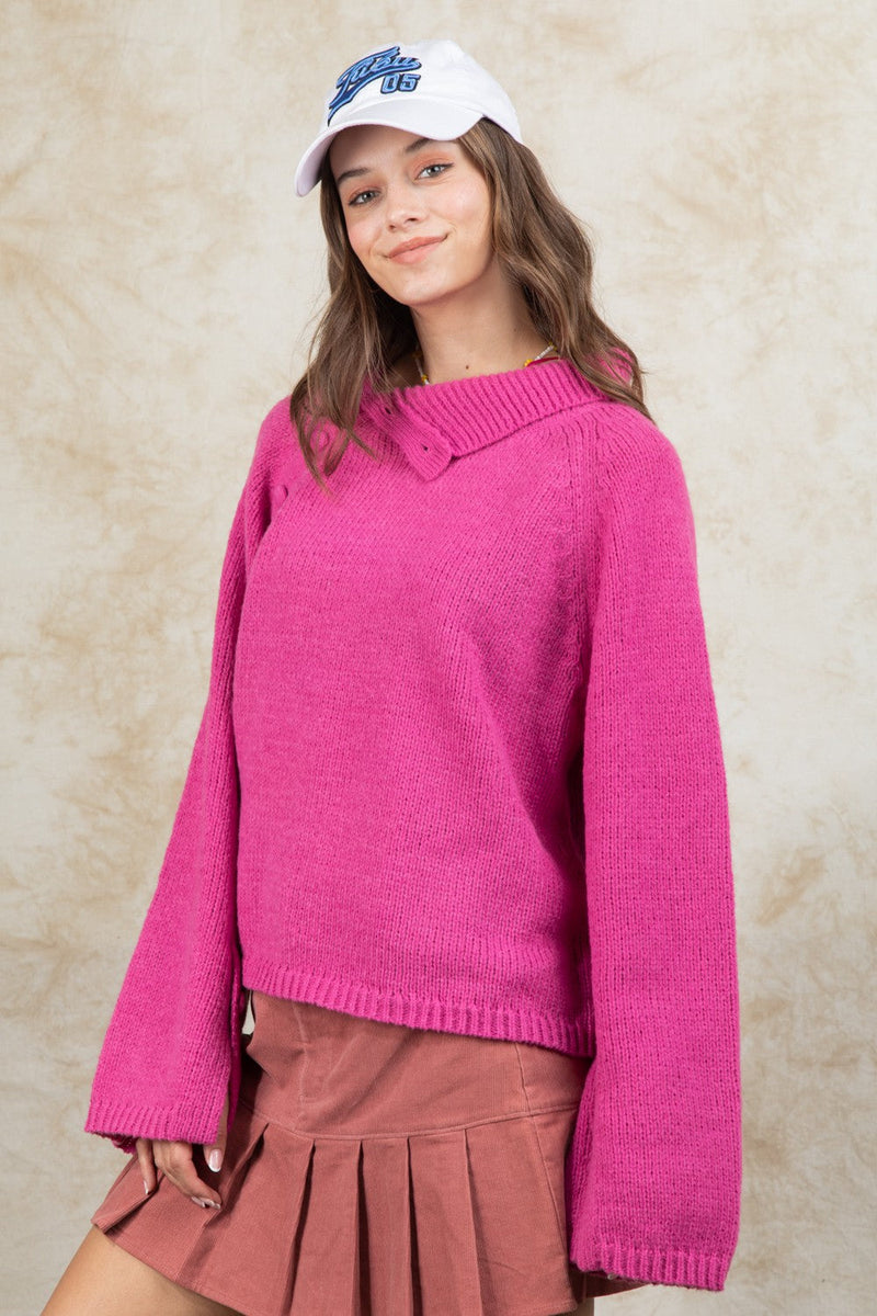 High Neck Side Opening Sweater Top (Hot Pink)