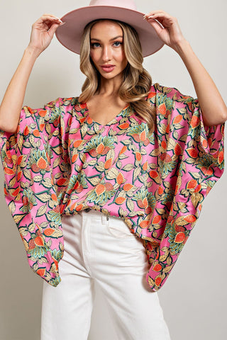 PRINTED DOLMAN V NECK TOP (PINK MULTI)