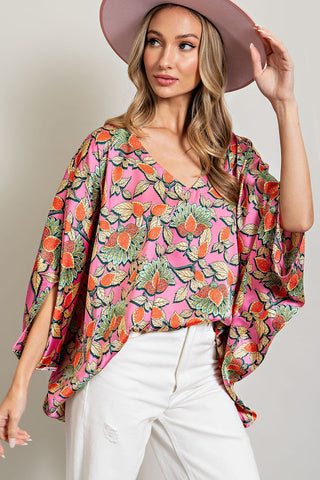 PRINTED DOLMAN V NECK TOP (PINK MULTI)