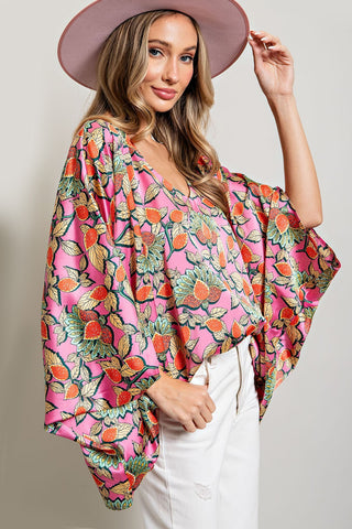 PRINTED DOLMAN V NECK TOP (PINK MULTI)