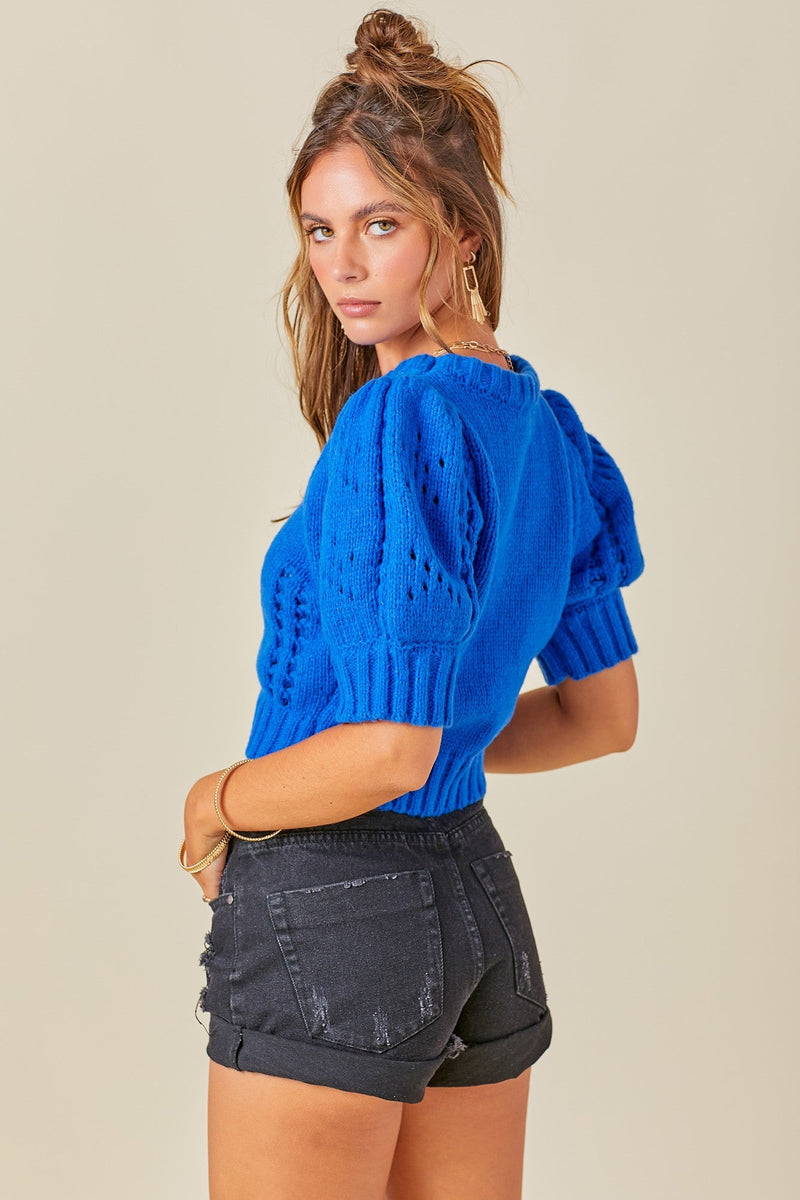 POINTELLE CROPPED PUFF SLEEVE CROPPED SWEATER (Royal Blue)