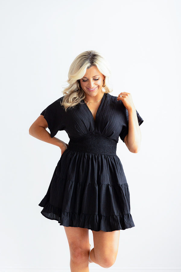Textured V-Neck Short Sleeve Mini Dress (Black)