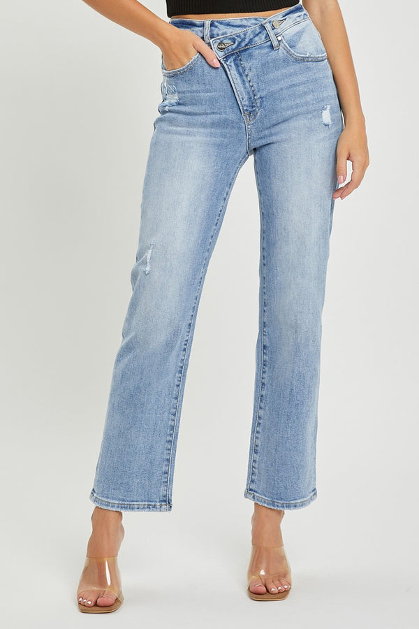 HIGHRISE CROSSOVER TAPERED JEANS