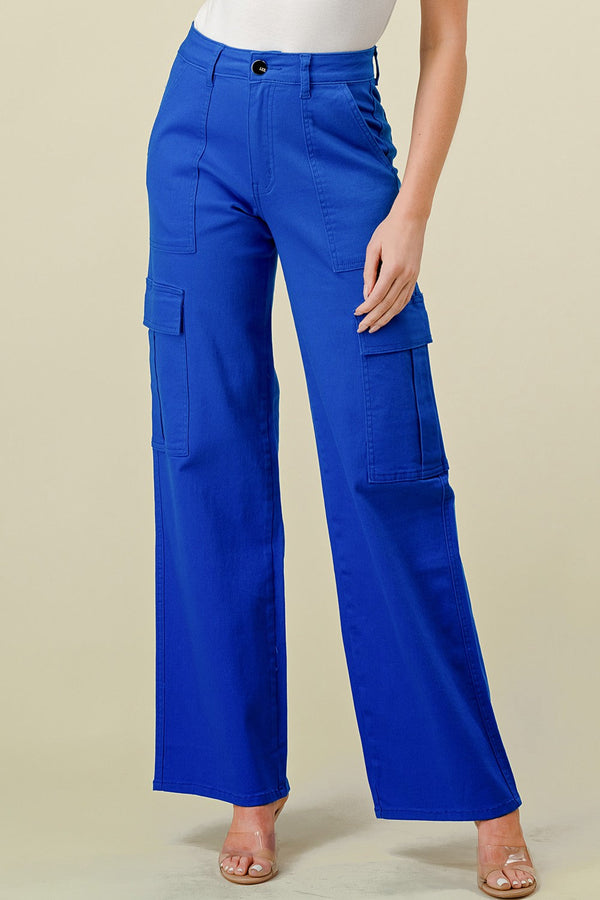 HIGH WAISTED SUPER-STRETCH COLORED CARGO JEANS IN ROYAL BLUE