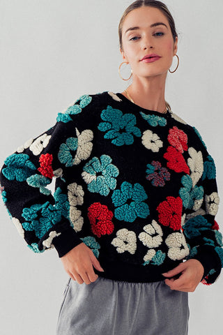 RELAXED FIT SHERPA FLORAL PATTERN CREWNECK SWEATER