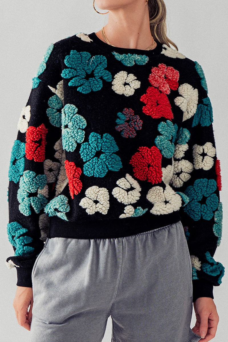 RELAXED FIT SHERPA FLORAL PATTERN CREWNECK SWEATER