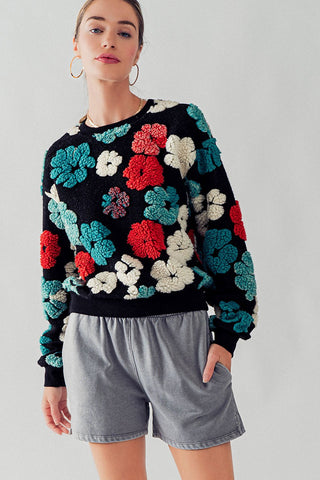 RELAXED FIT SHERPA FLORAL PATTERN CREWNECK SWEATER