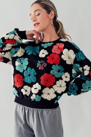 RELAXED FIT SHERPA FLORAL PATTERN CREWNECK SWEATER