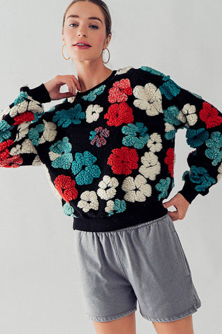 RELAXED FIT SHERPA FLORAL PATTERN CREWNECK SWEATER