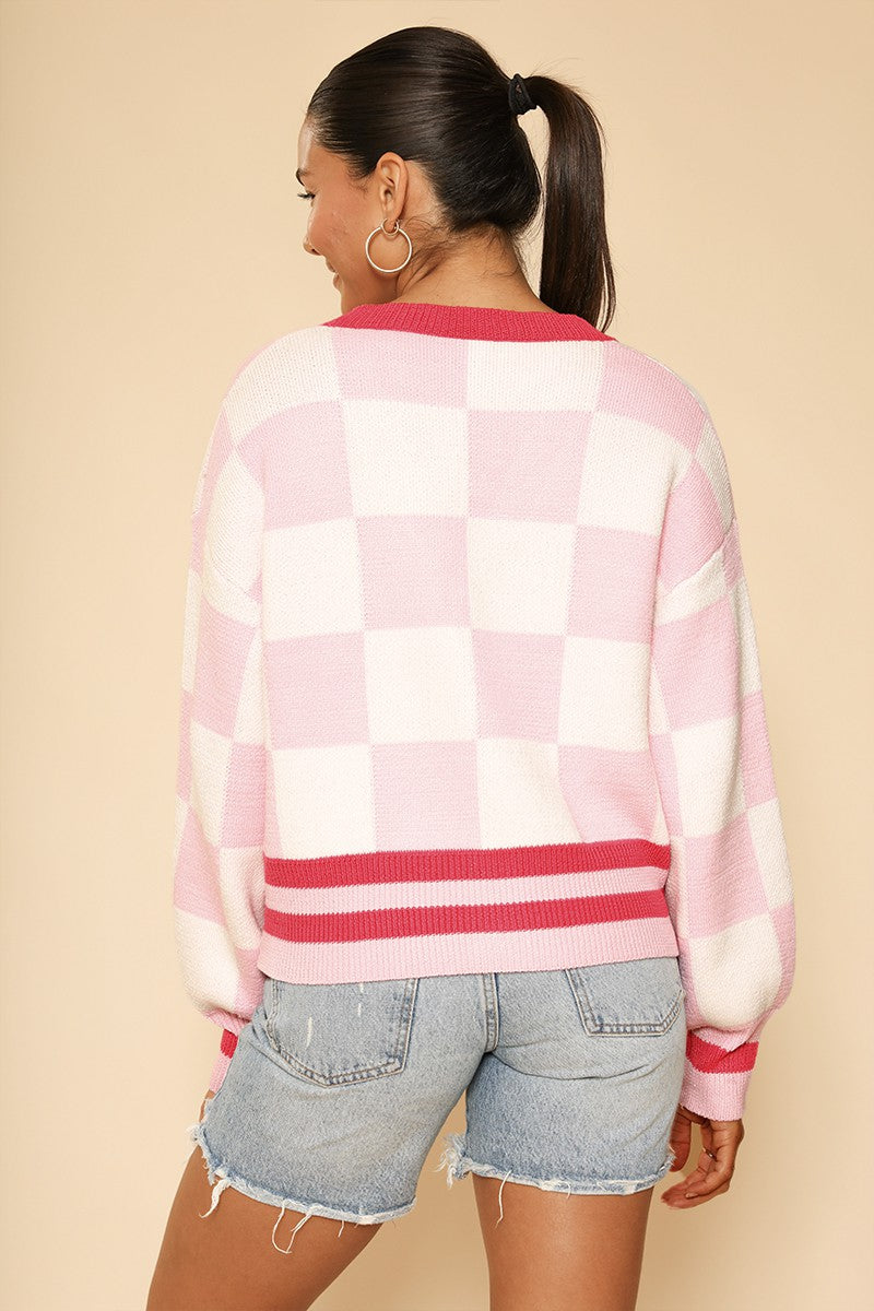Check Yes or No Cardigan (Pink)