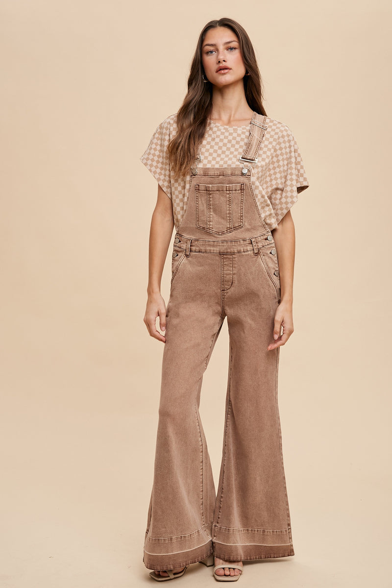 LYOCELL STRETCH HIGH RISE FLARE OVERALL JEANS - (TOFFEE)