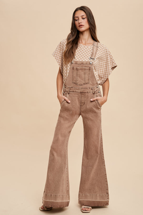 LYOCELL STRETCH HIGH RISE FLARE OVERALL JEANS - (TOFFEE)