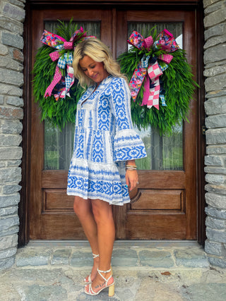 GRECIAN TIERED MINI DRESS (BLUE/WHITE) - ELAN