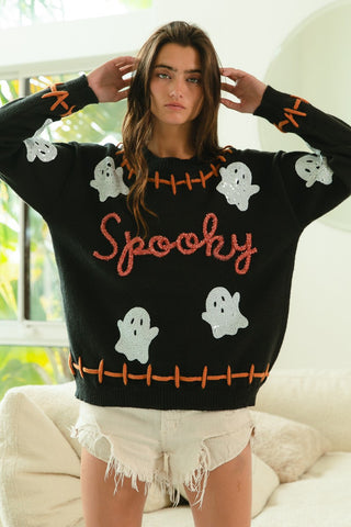 STITCH DETAIL SEQUIN GHOST SPOOKY SWEATER