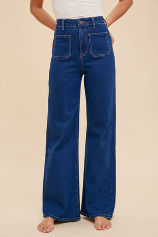 FRONT TWO POCKET STRETCH WIDE LEG DENIM JEANS (DARK DENIM)