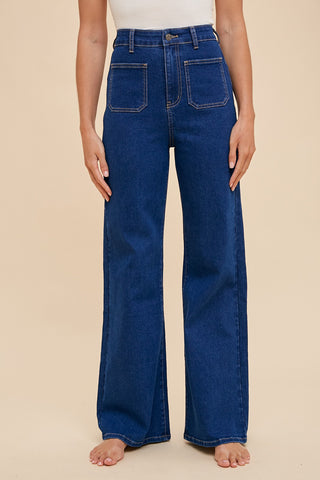 FRONT TWO POCKET STRETCH WIDE LEG DENIM JEANS (DARK DENIM)