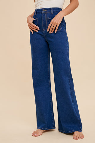 FRONT TWO POCKET STRETCH WIDE LEG DENIM JEANS (DARK DENIM)